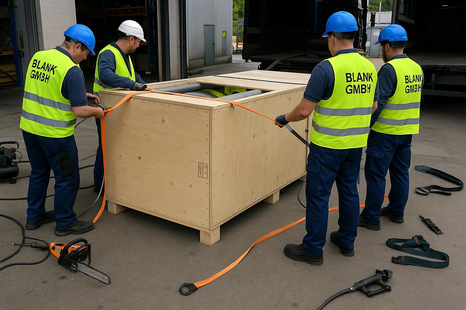 IPPC-Holzkiste auf Ladefläche, Arbeiter sichern Zurrgurte
